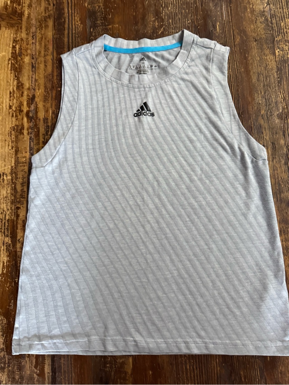 adidas Light Gray Ribbed Tank Top with Black Logo and Blue Trim
